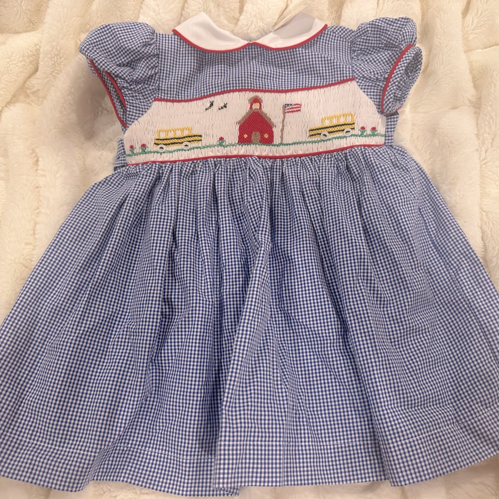 NWT Brother & Sissy 12 month Blue and White Gingham Back to School Smocked Dress